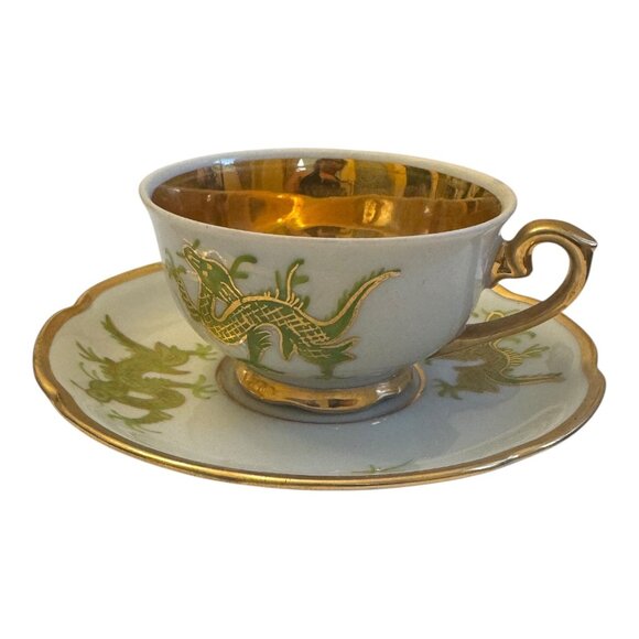 VNTG  Japanese Dragon Teacup Set 4Pc Gold Gilded Porcelain Collectible Decor - Picture 3 of 10